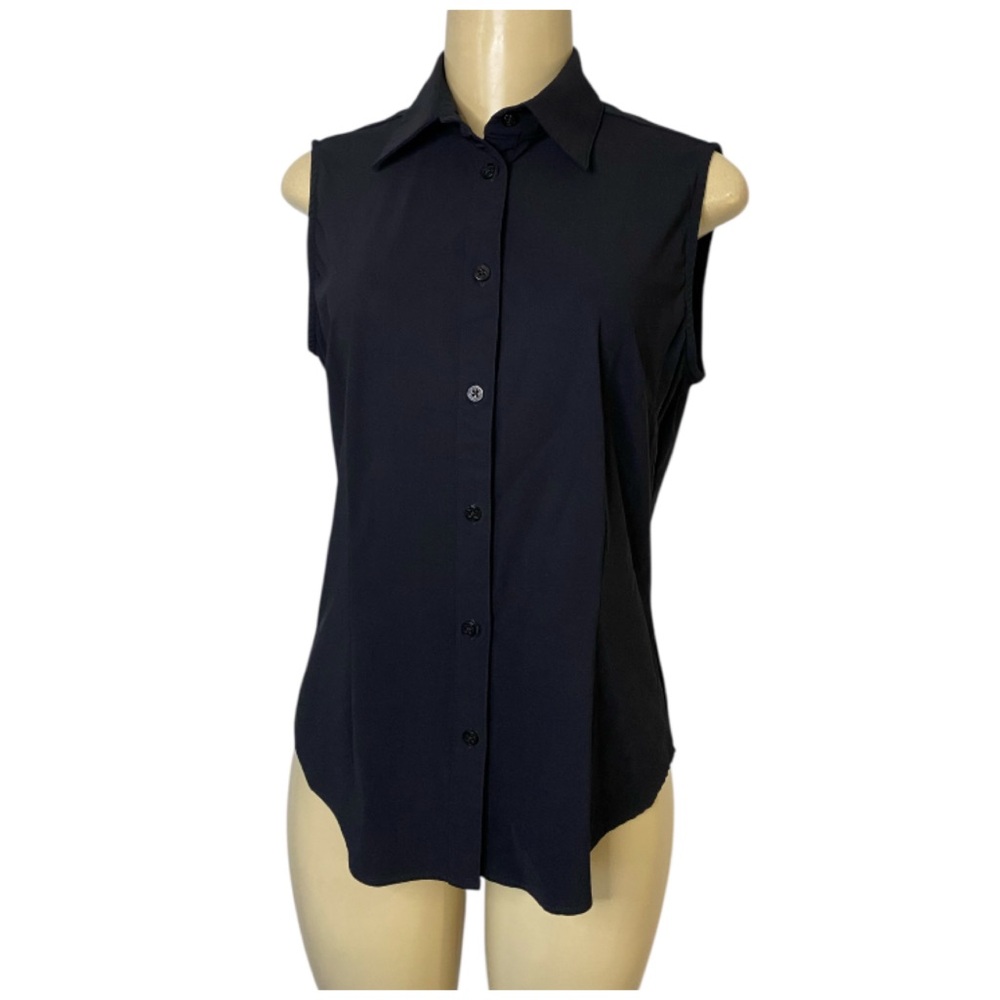 Ameliora The Annie Sleeveless Button Up Collared Stretch Blouse Top Black Medium
